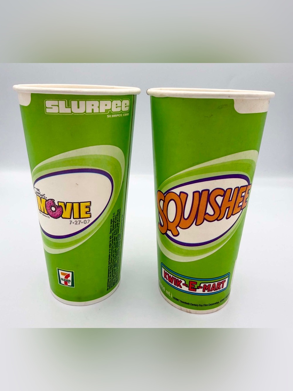 LOT OF 2 SIMPSONS SQUISHEE SLURPEE 7-ELEVEN PAPER CUPS
